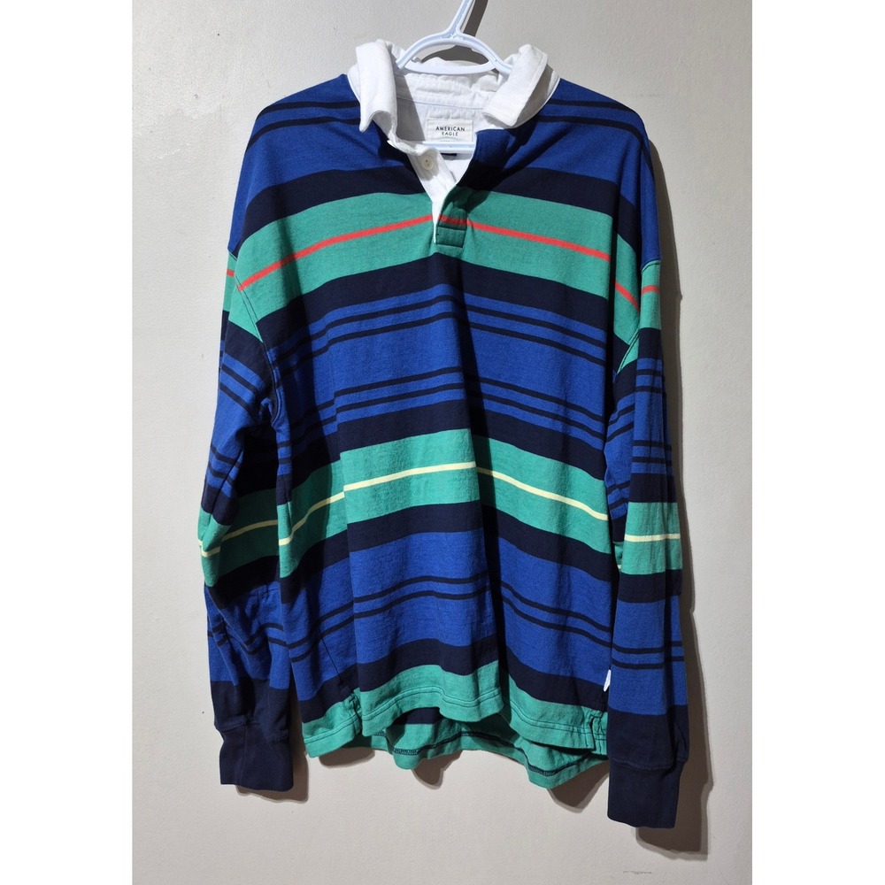American Eagle Mens Large Tall Rugby Shirt Blue Green Striped Long Sleeve Cotton